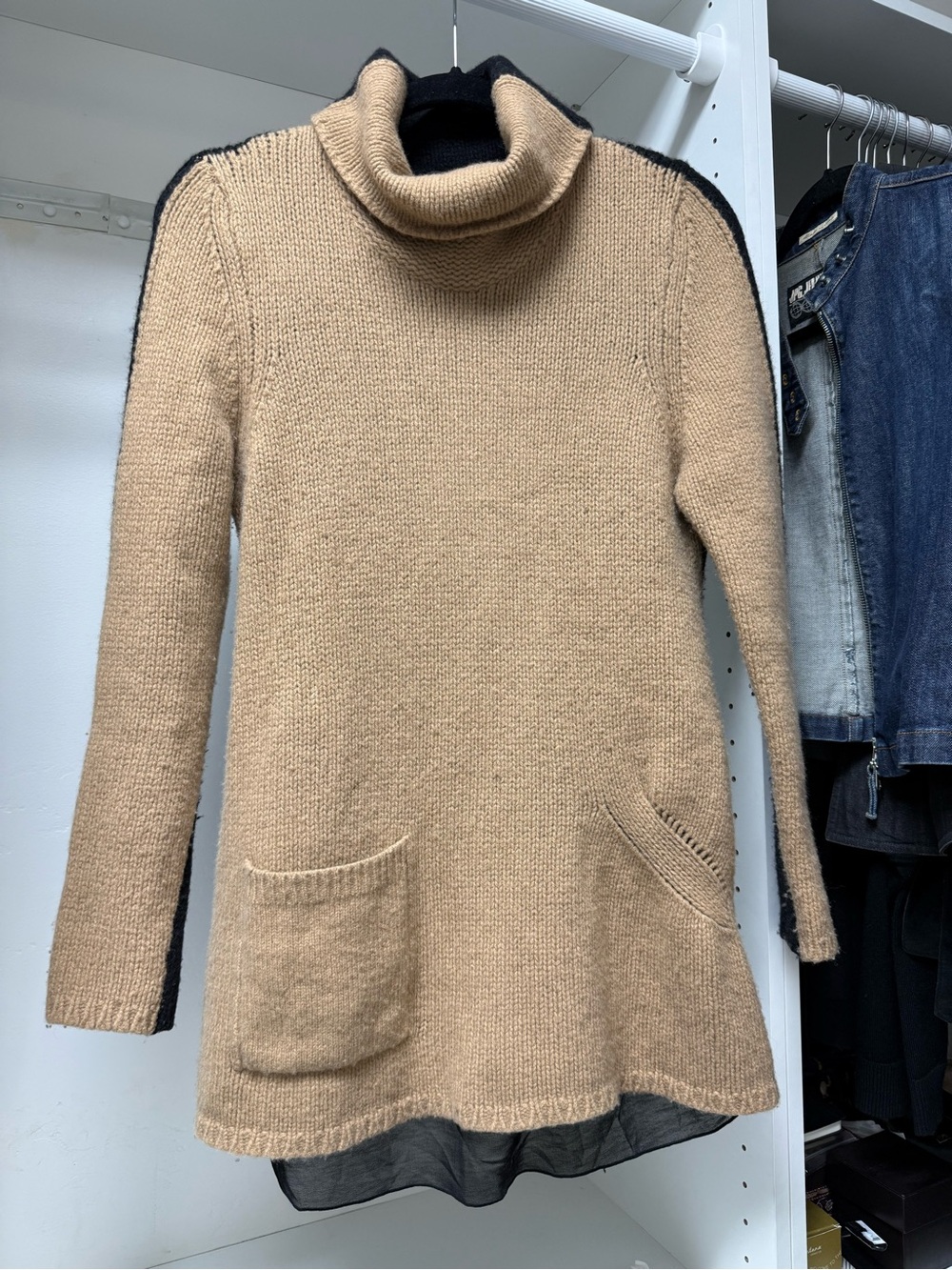 Turtleneck Pocket Sweater Tunic in Camel & Black